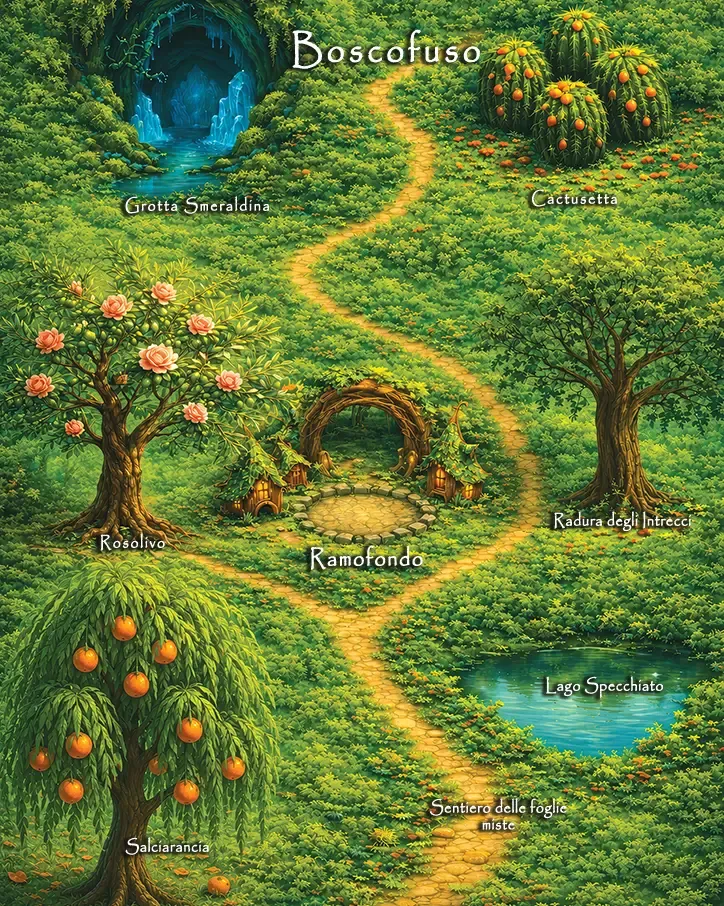 Mappa illustrata di Boscofuso con Ramofondo, Grotta Smeraldina, Cactusetta, Rosolivo, Radura degli Intrecci, Lago Specchiato, Salciarancia e Sentiero delle Foglie Miste.